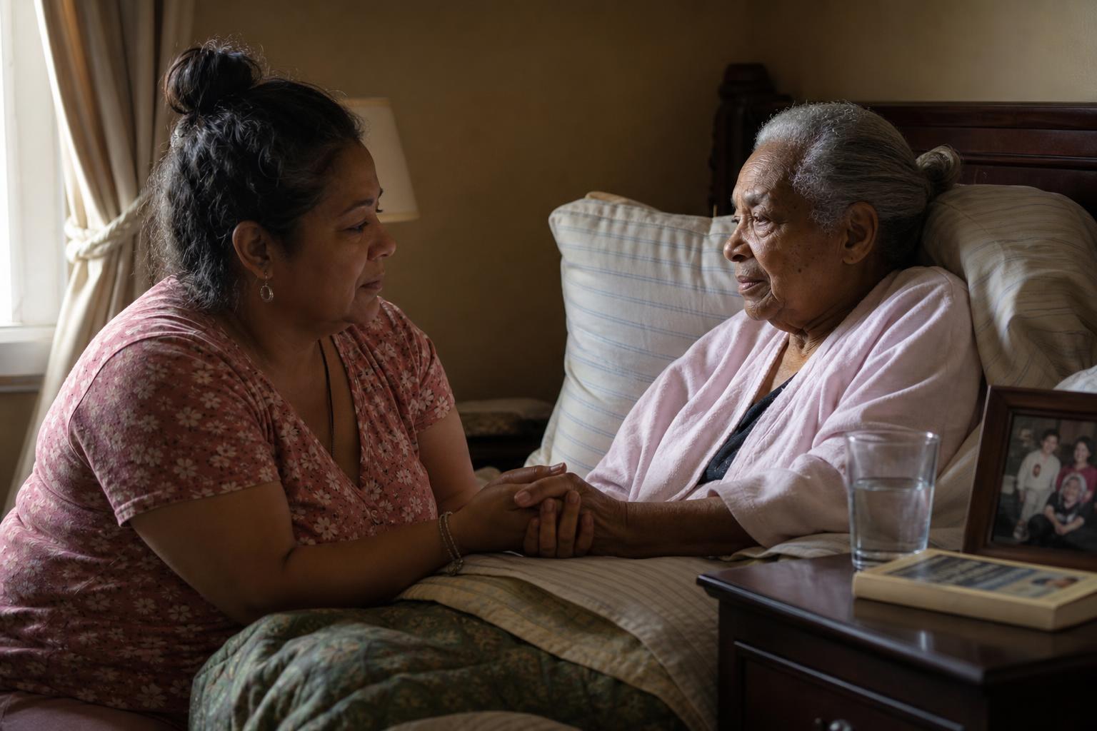 An adult daughter sitting beside her elderly mother, holding her hand in warm window light — a quiet caregiving moment.